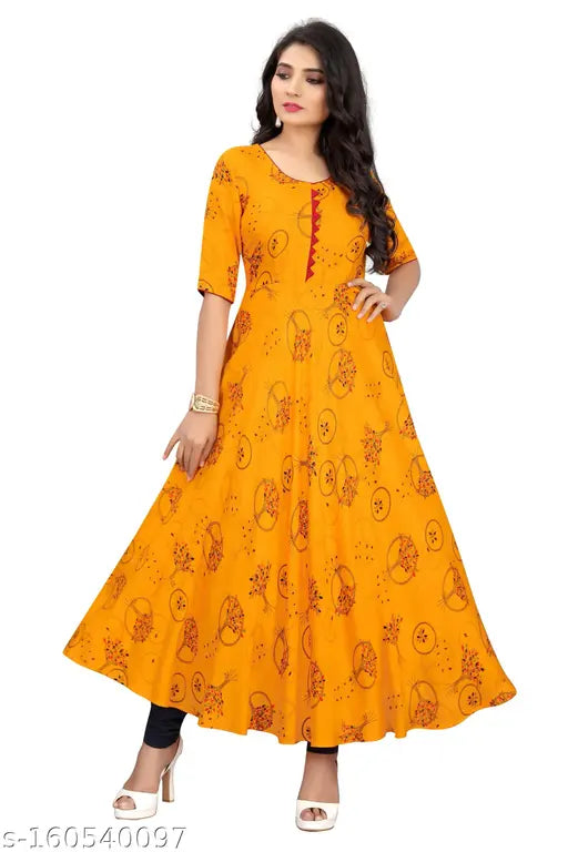 Rayon Samosa print long gown kurti, three-quarter sleeves, Indian fashion