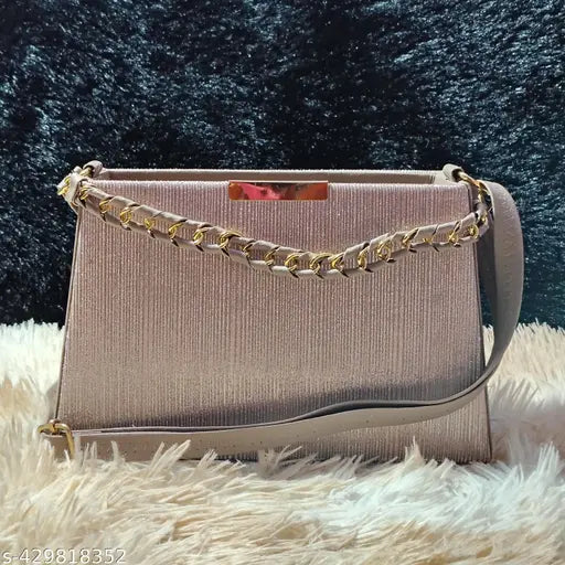 Embroidered gray sling bag for women, gold chain detail