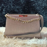 Embroidered gray sling bag for women, gold chain detail