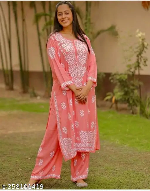 Rayon Chikankari embroidered kurta set with pants, three-quarter sleeves, Indian traditional clothing for men and women