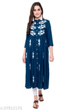 Stylish white rayon embroidered flared kurta with three-quarter sleeves, Indian fashion on mannequin