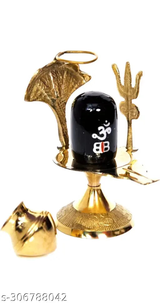 Brass and gold Shiva Shivling statue with jaladhari lota, Kalash, and natural stone details for home temple puja