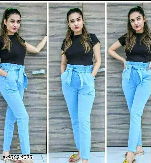 Denim high-waist trousers with tie waist and rolled up legs, blue wash