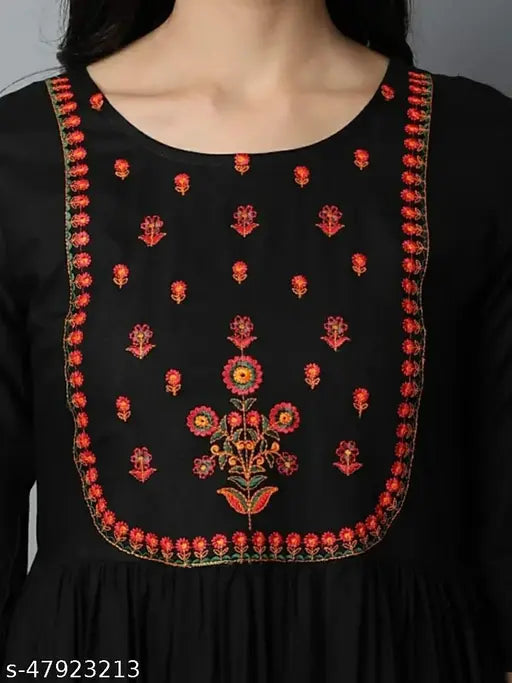 Black rayon women's long kurti with embroidery details
