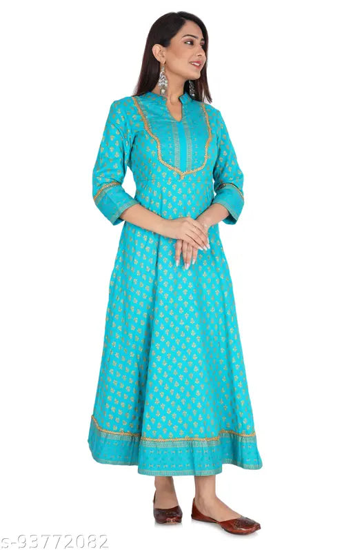 Long blue dress with gold trim, ankle length, round neckline