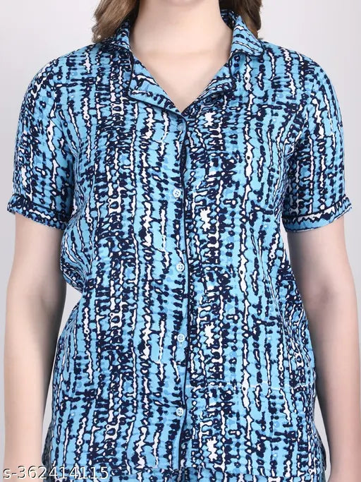 Sky blue rayon night suit with short sleeves, printed net pattern, available in sizes S to XXXL