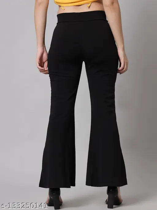 Solid Lycra 313 bell bottom button, classic fit for women's wardrobe, Indian-made clothing piece on model