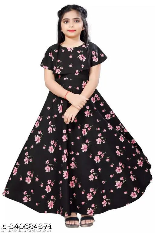 Black floral print crepe maxi dress, girls' flared sleeves and knee-length design, perfect for casual occasions