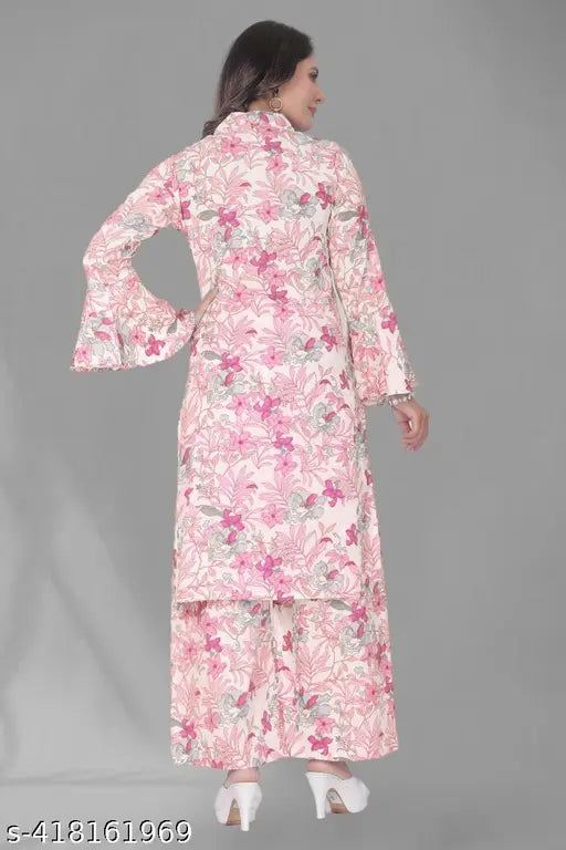 Trendy crepe co-ord set, printed net, long sleeves, women's and girls' palazzos