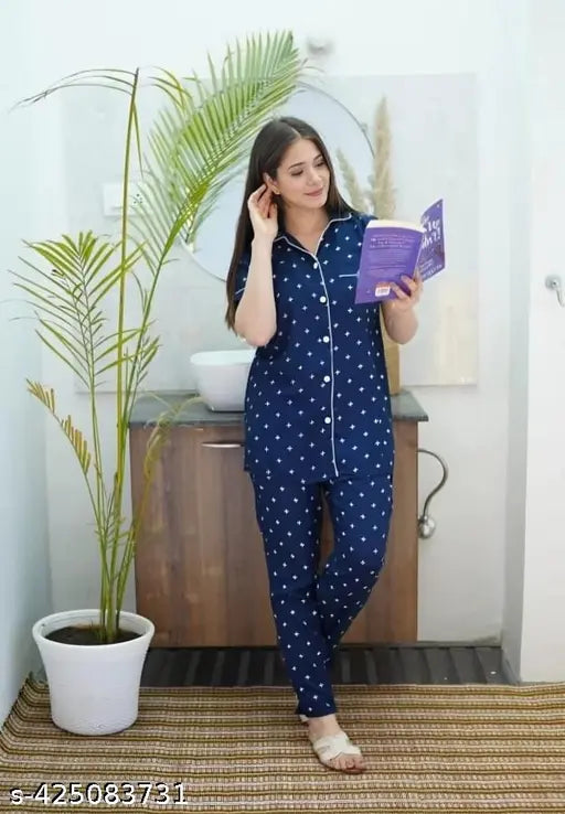 Blue white plus rayon night dress with printed stars, perfect for dreamy comfort