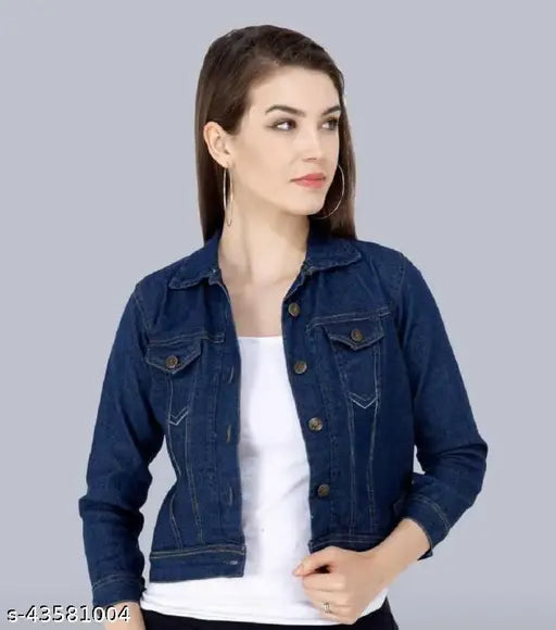 Navy blue denim 3/4 sleeve women's casual jacket, solid design, long sleeves - SAMAN FASHION WEAR