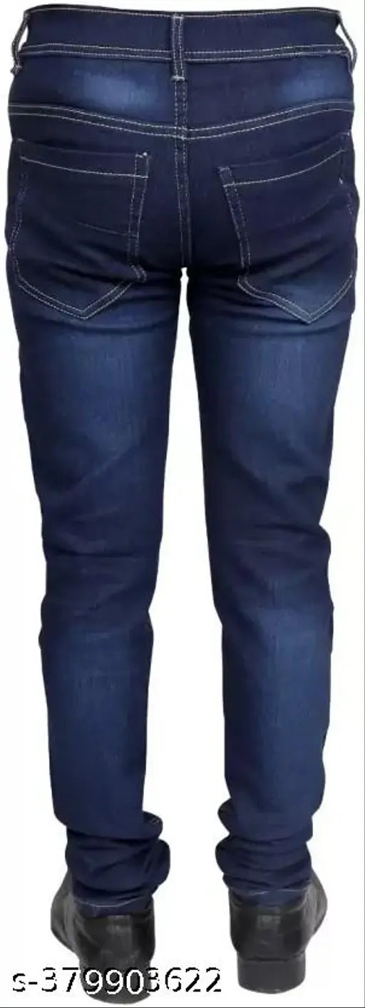 Blue cotton blend men's slim mid-rise jeans, dyed/washed with strong stitching and double-stitching for durability and comfort. Fits sizes 28, 30 (waist: 28in/30in, length: 39in, hip: 33in/35in), made in India