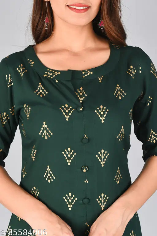 Dark green rayon kurta and skirt set with dupatta