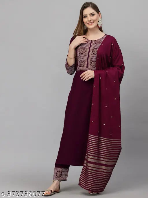 Keitra women's embroidered cotton-silk straight kurta set with dupatta and cotton blend bottomwear. Solid color, three-quarter sleeves, India-made