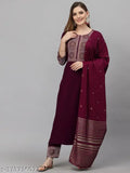 Keitra women's embroidered cotton-silk straight kurta set with dupatta and cotton blend bottomwear. Solid color, three-quarter sleeves, India-made