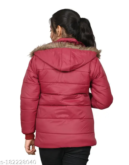 Maroon hooded jacket, fur trim