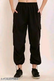 Black cotton blend parachute cargo pants, wide leg, stretchable material, women's fashion