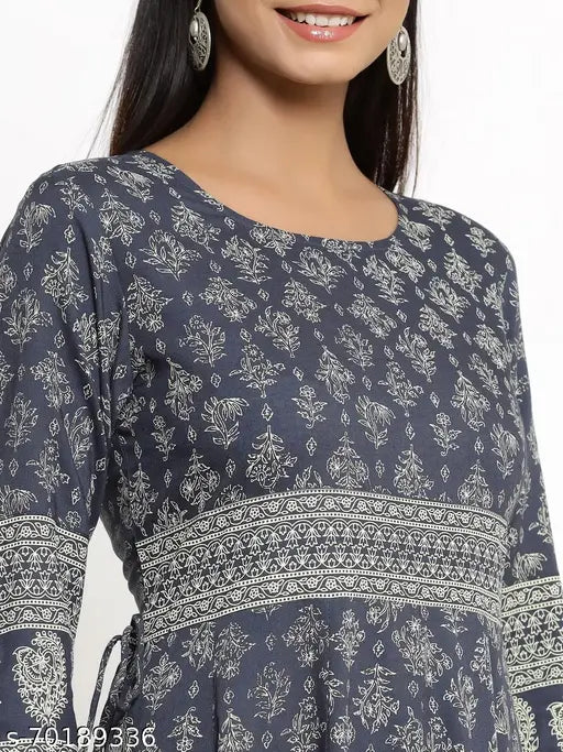 Grey Rayon Anarkali: Stylish Indian ethnic wear with three-quarter sleeves, printed design, suitable for size S (36in bust, 52in length)