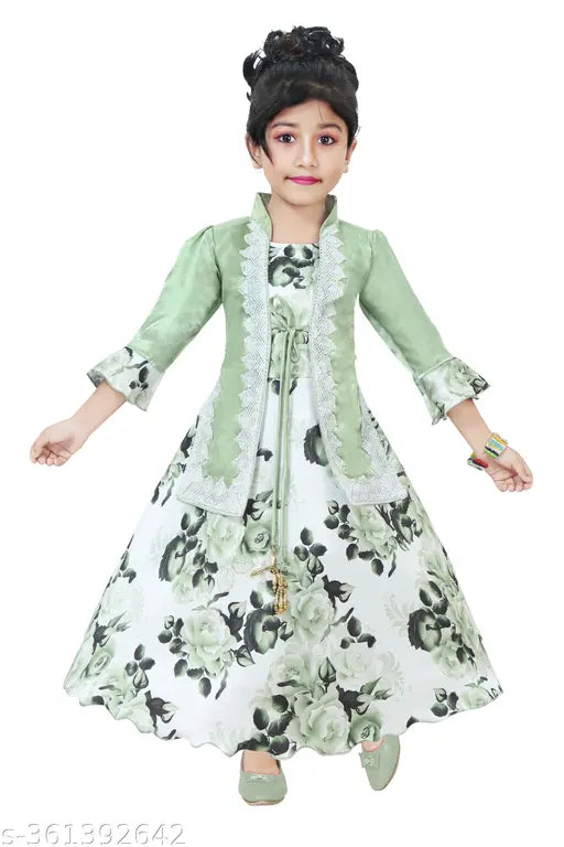 Light pink and green cotton blend three-quarter sleeve lace net newgown for kids, perfect for parties, weddings, and festivals like Diwali, Navratri, and Christmas. Suitable for all seasons, available in sizes from 2-3 years to 10-11 years