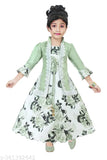 Light pink and green cotton blend three-quarter sleeve lace net newgown for kids, perfect for parties, weddings, and festivals like Diwali, Navratri, and Christmas. Suitable for all seasons, available in sizes from 2-3 years to 10-11 years