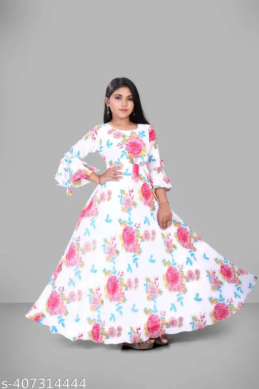 Multicolor Georgette printed gown with dupatta set (Cotton Blend), modern girls' party wear frock with three-quarter sleeves on display stand