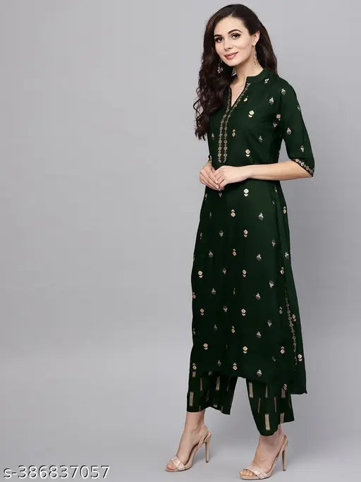 Rayon printed kurta and palazzo set for women, three-quarter sleeves, Indian design, single size available