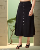 Black imported cotton blend midi length women's skirt, solid pattern for fashionable everyday wear
