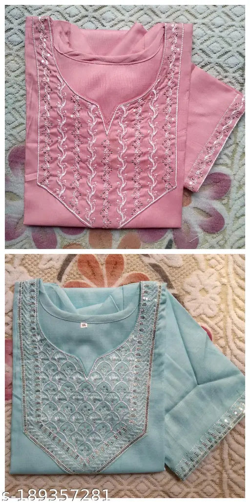 Embroidered rayon straight-cut kurta combo pack for women, intricately embroidered Indian traditional attire in 2 sizes (M - bust 39in)