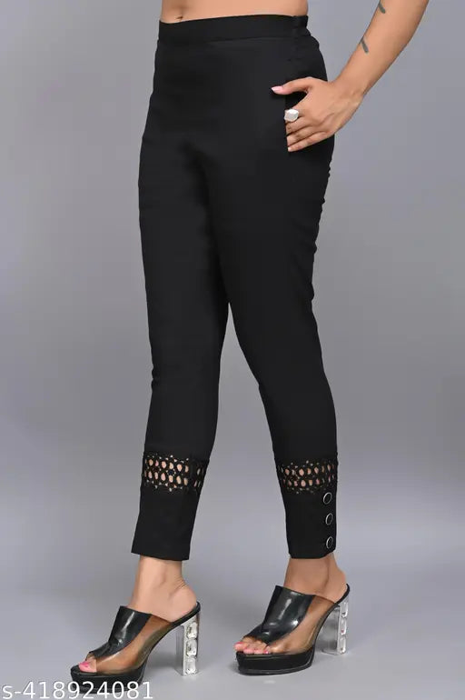 Stretchable Lycra lace trouser pant, solid net design with six buttons, comfortable and stylish women's summerwear