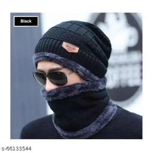 Black knit beanie hat and scarf set for men and women (2pc), winter wear topi & neck muffler with face cover, woolen material, India origin