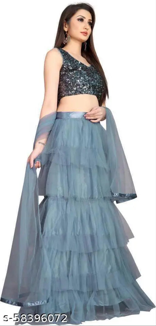 Embellished khichadi net lehenga choli with dupatta, Indian semi-stitched Bollywood style net lehenga (38m waist, 70m length, 2.2m dupatta)