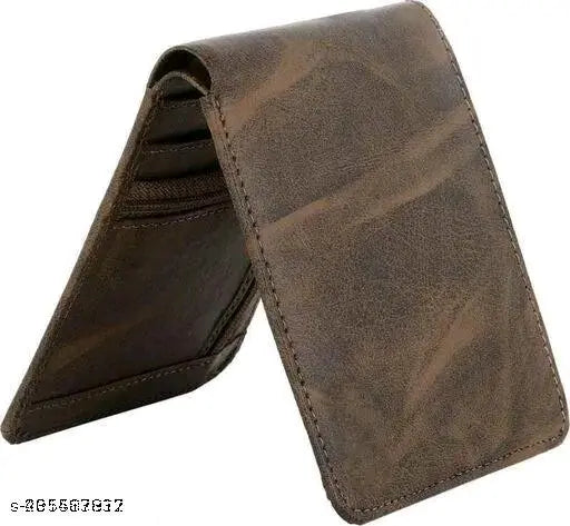 Trendy brown faux leather men's double zip wallet, fashionable look with 2 compartments, features 4 card slots, ID window, secret pockets, and currency sections