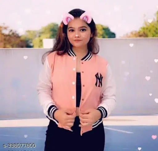 Peach wool kids' full sleeve NY jacket, solid design for girls aged 8-16, India origin
