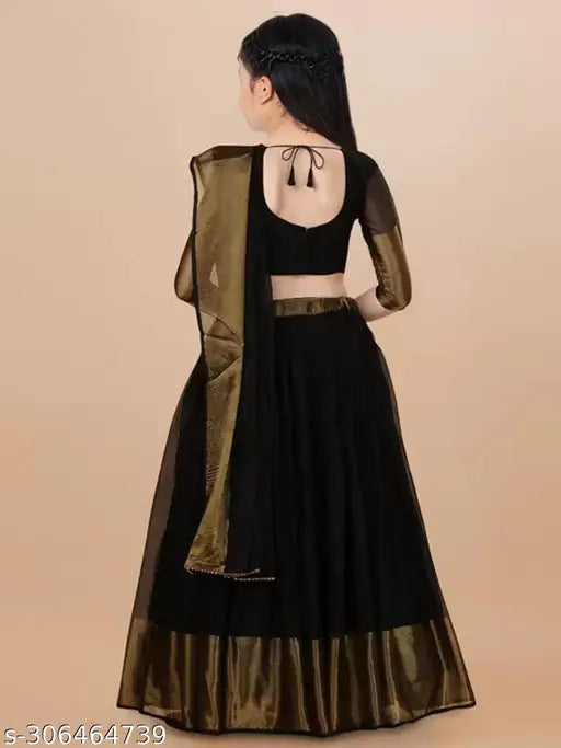 Black chiffon semi-stitched kid's lehenga and choli set with lace border dupatta