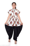 White and black printed Girl Kurta Set on crepe fabric for girls aged 4-15 years, Indian traditional attire with short sleeves