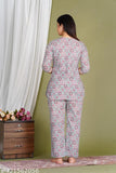 Grey printed cotton night suit set for women, soft and comfortable ethnic style with V-cut round neck