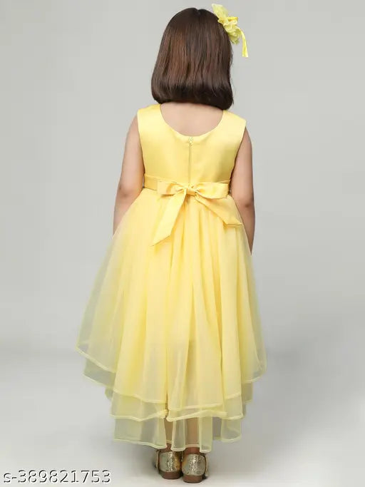 Yellow chiffon girls dress party wear low length, short sleeves