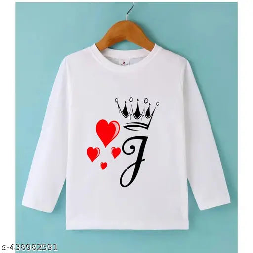 White polyester full sleeve kids t-shirt featuring the alphabet J print design, suitable for 7-18 years old children