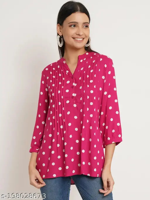Red & White Polka Dot Print Plus Size Top [Rayon, Three-Quarter Sleeves], Mandarin collar, India origin