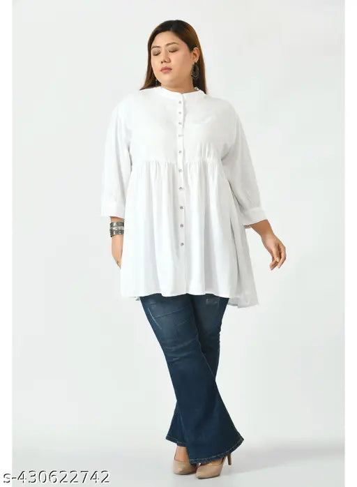 White rayon three-quarter sleeve top by SAAKAA, perfect for casual wear and daily use, made in India