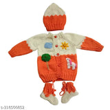 Handmade wool sweater set for babies (0-9 months) with cap and booties, striped pattern, long sleeves