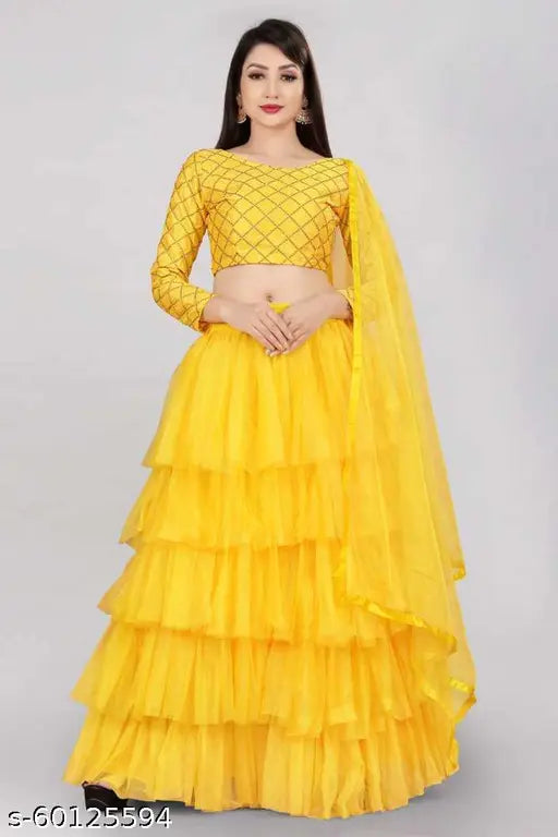 Embroidered satin-net Lehenga Choli with ruffle bottom and net dupatta. High-quality Indian bridal wear on display
