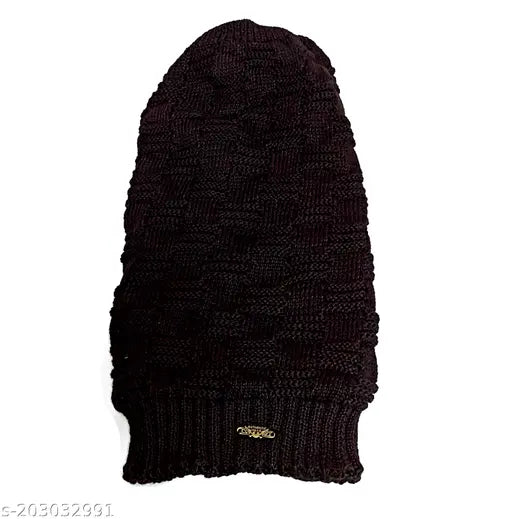 Black oversize wool beanie cap with soft fur inner side, trendy and stylish design for young-aged men, women, boys, and girls. Unisex winter warm wear, thermal spun artificial wool material, perfect for outdoor activities