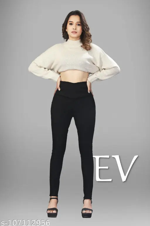 Black denim jegging for woman - high west denim, slim fit, elasticized waistband, ankle length, back pocket, India origin