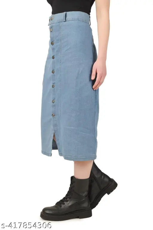 Blue denim skirt, flared hem with button detailing, side slit, knee length