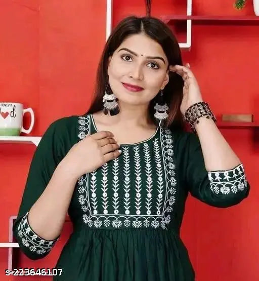 Women's long embroidered rayon kurta for partywear, festivals, and daily wear