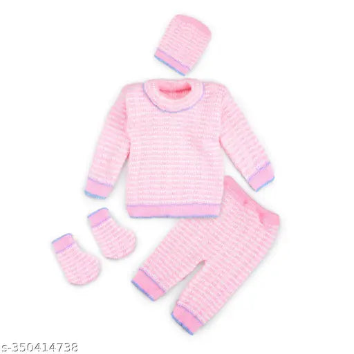 Pink striped woolen new born sweater set with cap & booties - Indian crafted, warm and cozy for babies 0-3 months