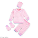 Pink striped woolen new born sweater set with cap & booties - Indian crafted, warm and cozy for babies 0-3 months