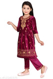 Modern velvet A-line pyjama set, embroidered with three-quarter sleeves. Kids' kurta and bottom set from Modern Elegant Girls, originating in India