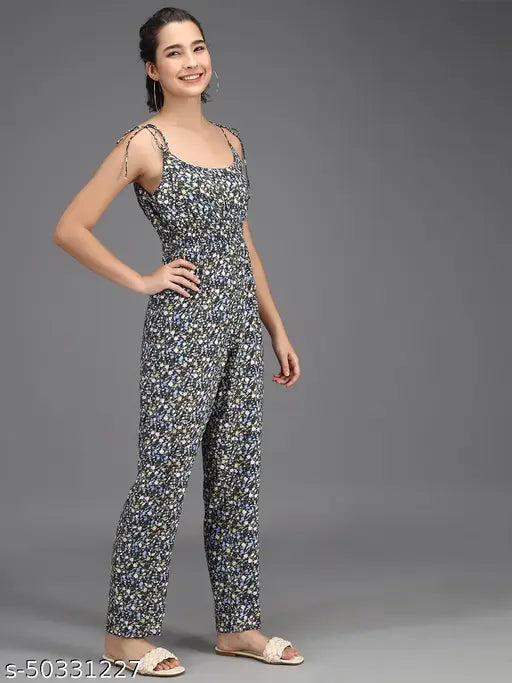 Multicolor viscose rayon sleeveless floral printed jumpsuit, Trislin brand" (93 characters)
